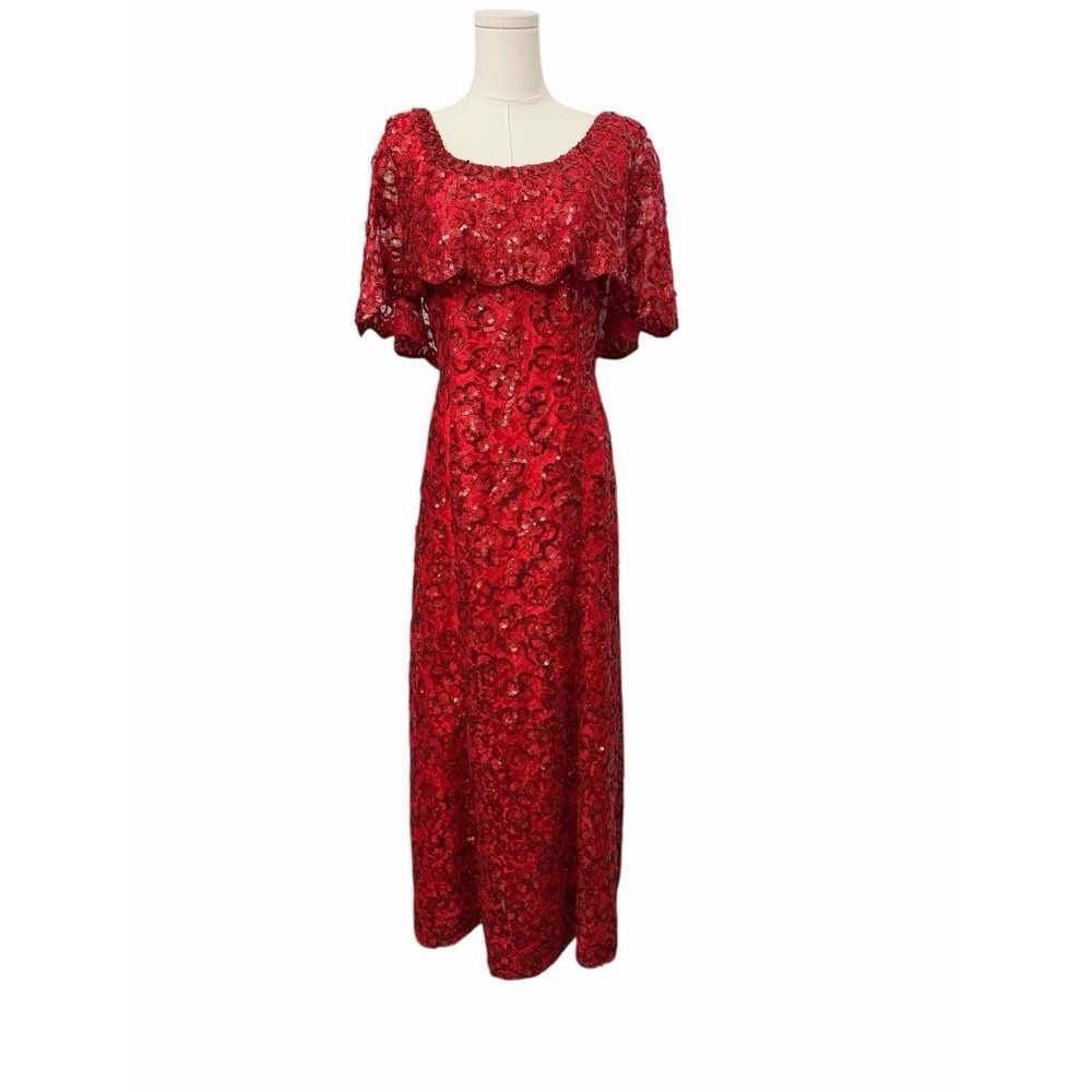VTG. 80s Red‎ Sequin Evening Gown 12 Old Hollywood Glam Flormal Regency  Dress